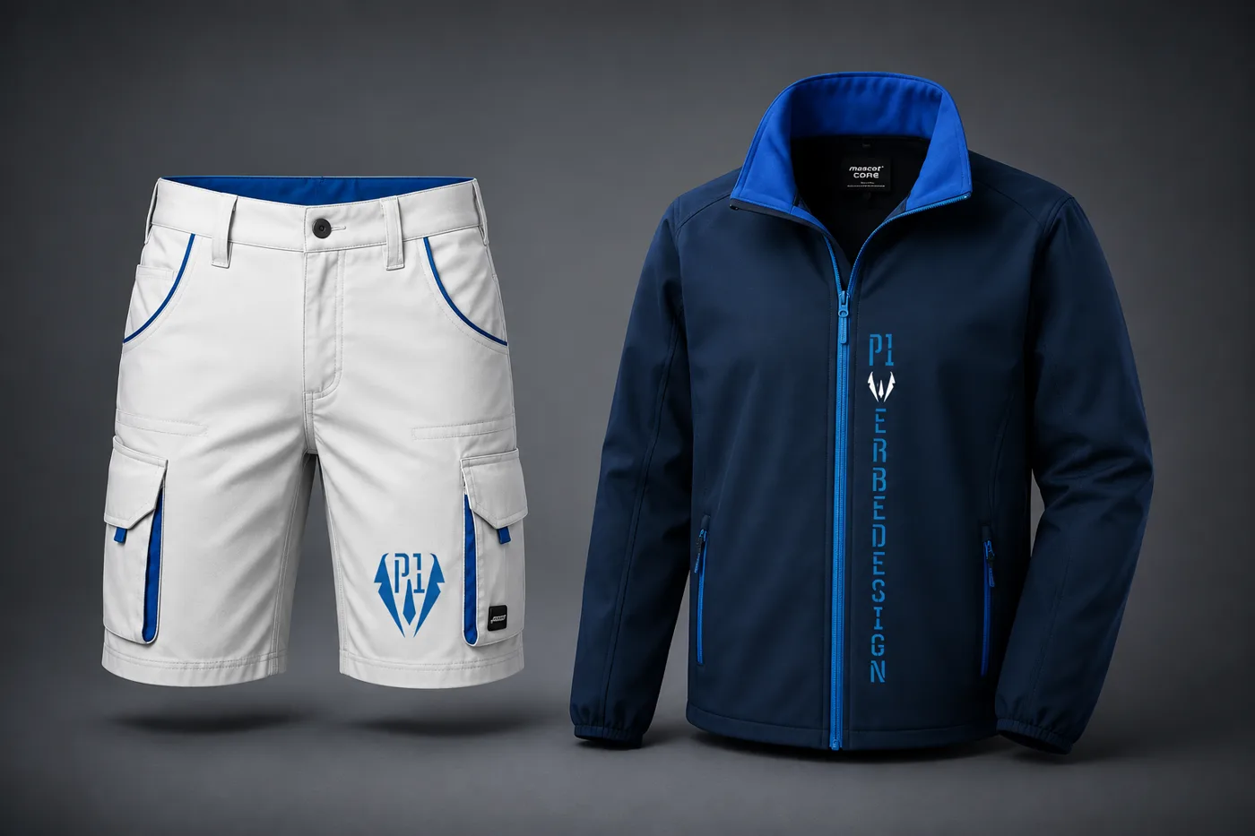 Arbeitsshorts und Softshelljacke mit P1-Branding