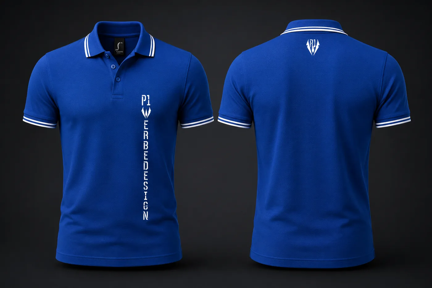 Blaues Poloshirt mit vertikalem P1-Werbedesign-Druck, Vorder- und Rückseite