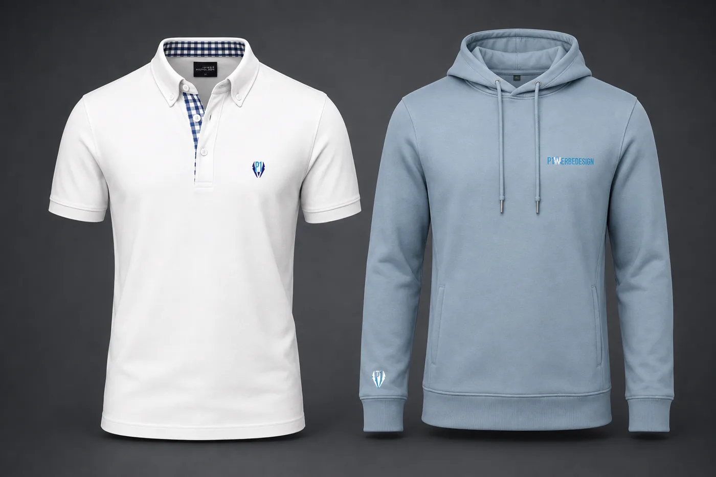 Weißes Poloshirt und hellblauer Hoodie mit gesticktem P1-Logo