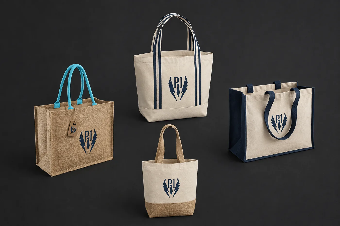 Verschiedene Stofftaschen mit aufgedrucktem Logo