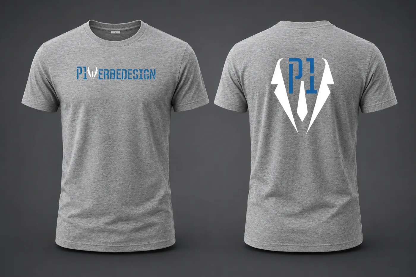 Graues T-Shirt mit P1-Werbedesign-Druck vorne und großem Logo hinten